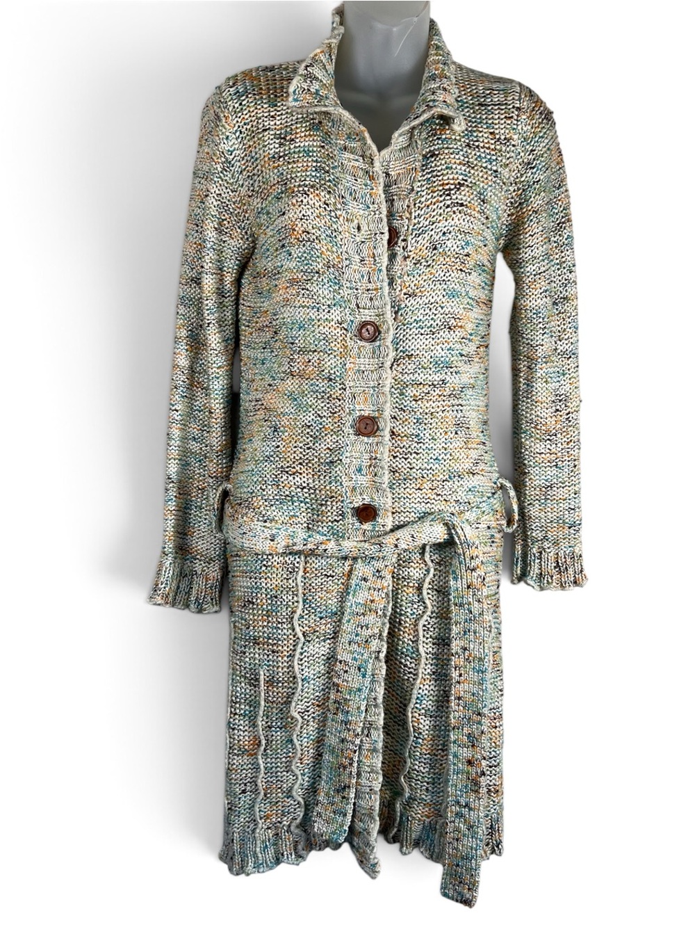 Y2K BCBG Max Azria Multicolor Knit Belted Duster Cardigan Sz M Boho Indie Artsy